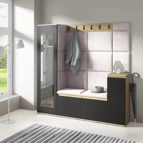 Blum 28 kárpitozott előszobafal tükörrel, artisan/fekete - krém 01