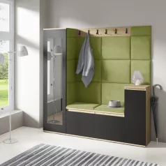   Blum 28 kárpitozott előszobafal tükörrel, artisan/fekete - zöld 12 - egyedi