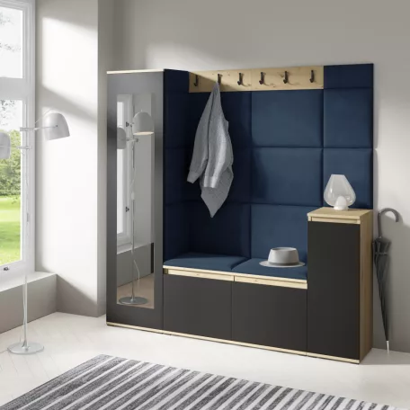 Blum 28 kárpitozott előszobafal tükörrel, artisan/fekete - sötétkék 30 - egyedi