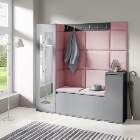 Blum 28 kárpitozott előszobafal tükörrel, grafit - rózsaszín 23 - egyedi