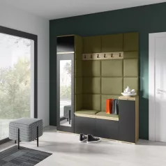   Blum 29 kárpitozott előszobafal tükörrel, artisan/fekete - oliva zöld 27 - egyedi