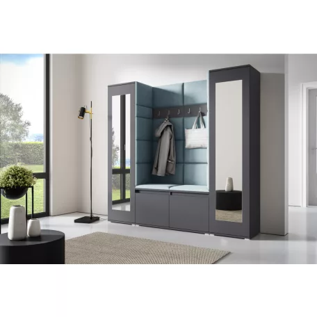 Blum 31 kárpitozott előszobafal tükörrel, grafit - aqua 22 - egyedi