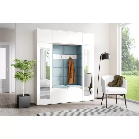 Blum 32 kárpitozott előszobafal tükörrel, fehér - aqua 22 - egyedi