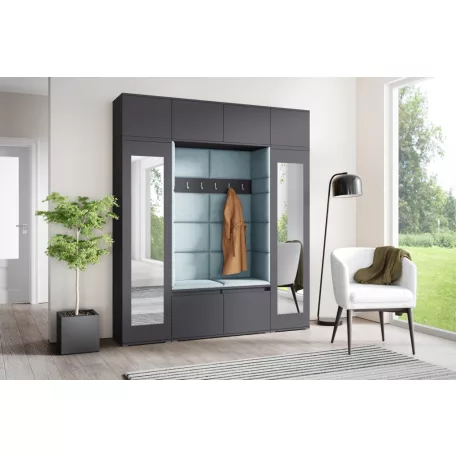 Blum 32 kárpitozott előszobafal tükörrel, grafit - aqua 22 - egyedi