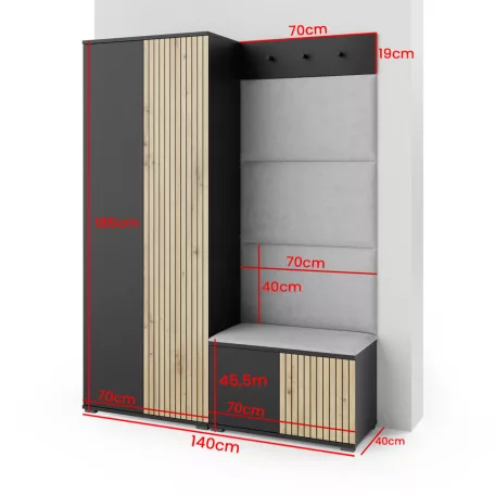 Ross 1 kárpitozott előszobafal, fekete/artisan - krém 01