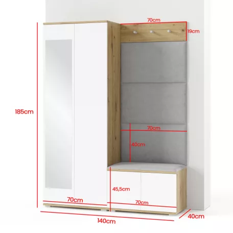 Sevilla 1 kárpitozott előszobafal, artisan/fehér - aqua 22 - egyedi