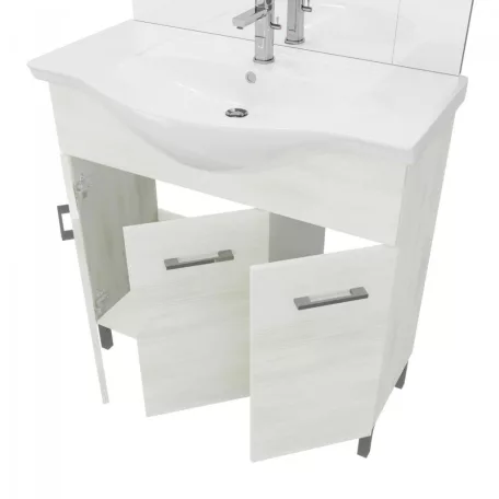 Rubino 85cm-es három ajtós fürdőszobaszekrény polccal fehér tölgy  + mosdó