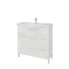   Rubino 85cm-es két ajtós, két fiókos fürdőszobaszekrény polccal fehér tölgy  + mosdó