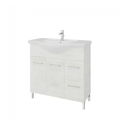 Rubino 85cm-es két ajtós, két fiókos fürdőszobaszekrény polccal fehér tölgy  + mosdó