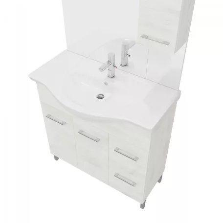 Rubino 85cm-es két ajtós, két fiókos fürdőszobaszekrény polccal fehér tölgy  + mosdó