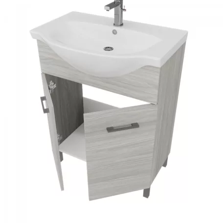 Rubino 65cm-es két ajtós fürdőszobaszekrény polccal szürke tölgy + mosdó