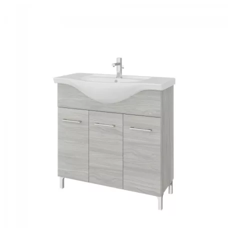 Rubino 85cm-es három ajtós fürdőszobaszekrény polccal szürke tölgy + mosdó