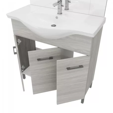 Rubino 85cm-es három ajtós fürdőszobaszekrény polccal szürke tölgy + mosdó