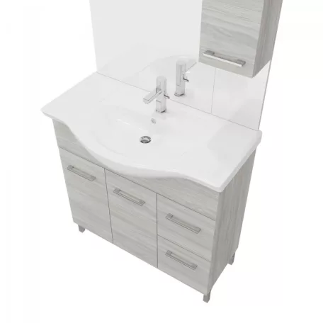 Rubino 85cm-es két ajtós, két fiókos fürdőszobaszekrény polccal szürke tölgy + mosdó