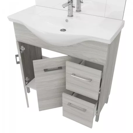 Rubino 85cm-es két ajtós, két fiókos fürdőszobaszekrény polccal szürke tölgy + mosdó