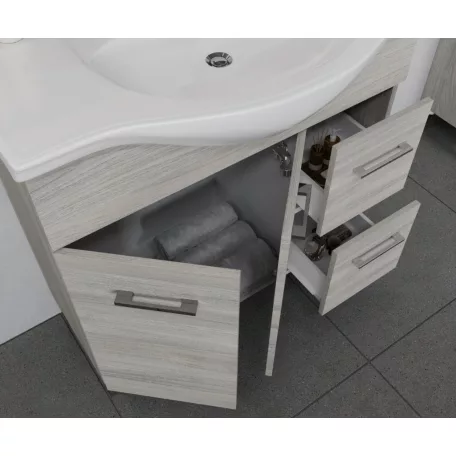 Rubino 85cm-es két ajtós, két fiókos fürdőszobaszekrény polccal szürke tölgy + mosdó