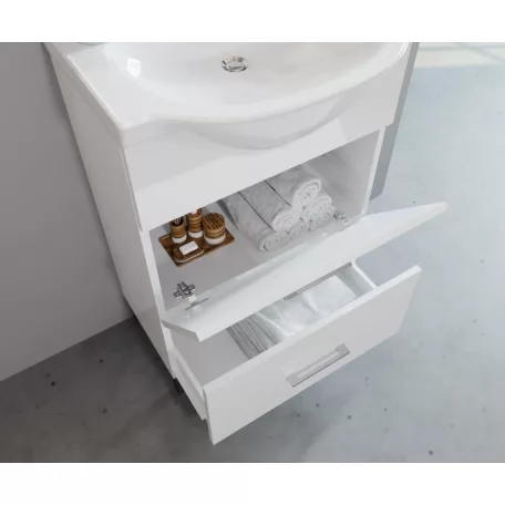 Smart 55cm-es lenyílós fiókos fürdőszobaszekrény polccal + mosdó