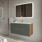 Iris 100cm-es 2 fiókos fürdőszobaszekrény zöld/természetesen tölgy + mosdó