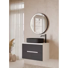   Iris 80cm-es 2 fiókos fürdőszobaszekrény jégtölgy/matt fekete + mosdó