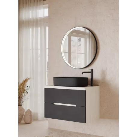 Iris 80cm-es 2 fiókos fürdőszobaszekrény jégtölgy/matt fekete + mosdó