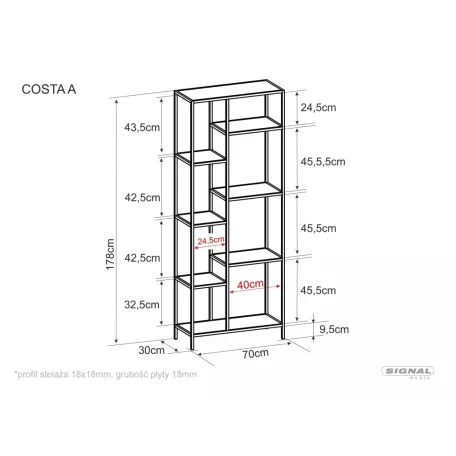 Costa A könyvespolc, 70X30, fekete, tölgy