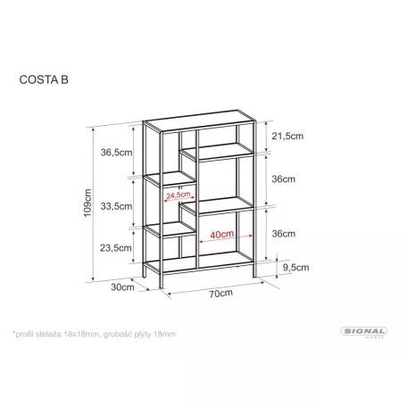 Costa B könyvespolc, 70X30, fekete, tölgy