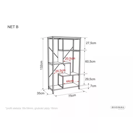 Net B polc, 75X35, fekete, sötét dió