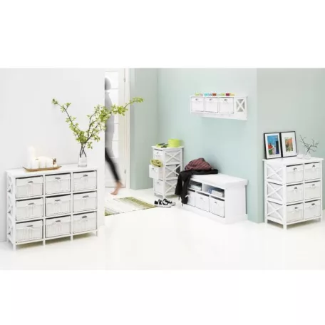 Komód, fa/vesszőfonás/szövet, fehér, RAFAELLO 9