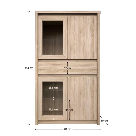 Vitrines szekrény, DTD laminált, tölgy sonoma, NORTY TYP 7