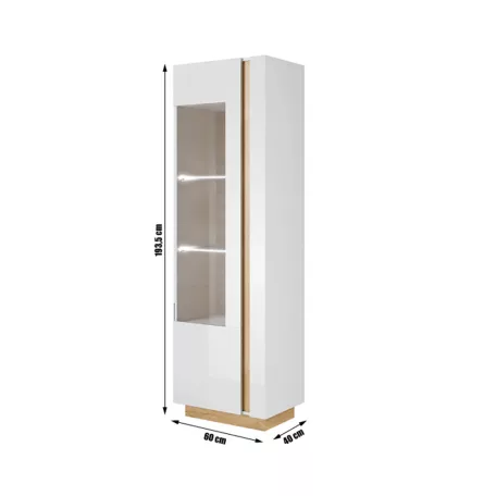 Magas vitrines szekrény 60, fehér/tölgy grandson/magasfényű fehér, CITY