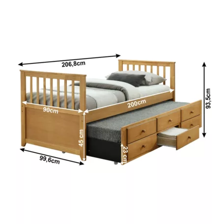 Ágy pótággyal, 90x200, tölgy,  AUSTIN NEW