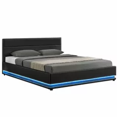   Ágy fehér világítással, ágyráccsal, fekete, 160x200, BIRGET NEW