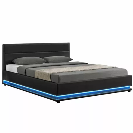 Ágy fehér világítással, ágyráccsal, fekete, 160x200, BIRGET NEW