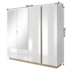   Szekrény tükörrel, fehér/grandson tölgy/fehér magasfényű, CITY