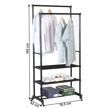 Kétsoros akasztó polcokkal, fekete, TIRUS