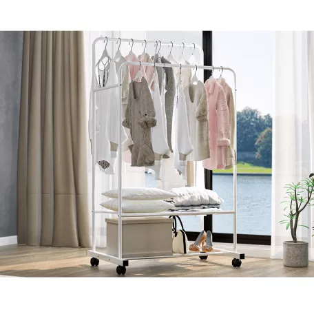 Kétsoros mozgatható akasztó, polcokkal, fehér, RAINER