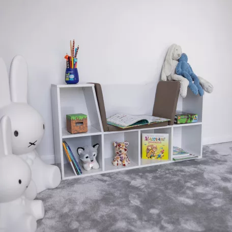 Gyerekkönyvtár ülőhellyel, fehér/barna, FERIA