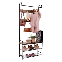   Akasztó cipőtárolóval, fekete fém/MDF rusztikus fa, KELAM