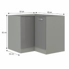 Alsó sarokszekrény, szürke/szürke extra magasfényű, PRADO 90/90 DN ZB