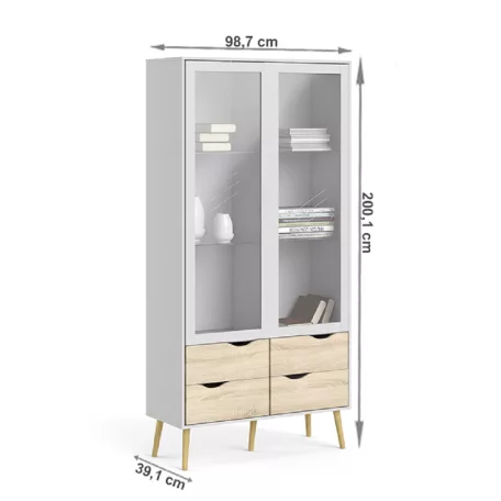 Vitrines szekrény, fehér/tölgy sonoma, OSLO 75462