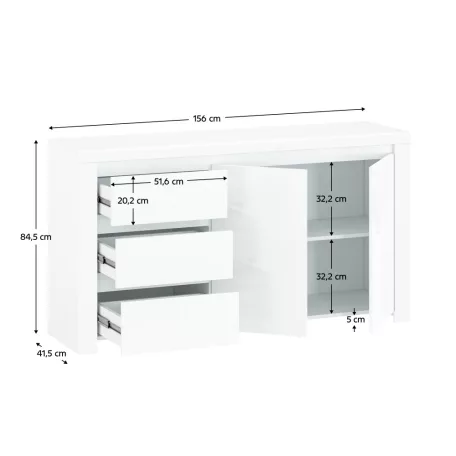 Komód 2D3S, fehér fényes, LINDY