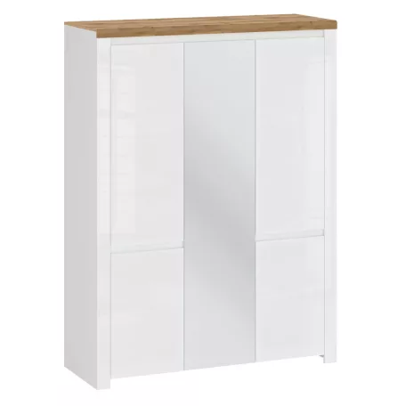 Szekrény 5D tükörrel, fényes fehér/wotan tölgy, VILGO