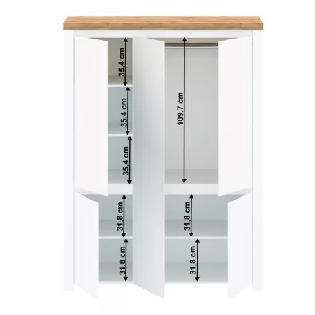 Szekrény 5D tükörrel, fényes fehér/wotan tölgy, VILGO