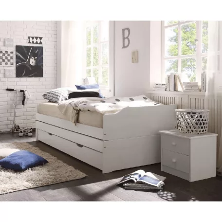 Ágy kihúzható pótágyakkal, fehér, tömörfa, 90x200, FLOPY