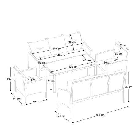 Kerti 5 részes rattan szett, fekete/szürke, LERON