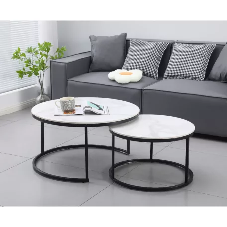 Dohányzóasztalok, 2 db-os szett, fehér márvány/fekete acél, LASTRO