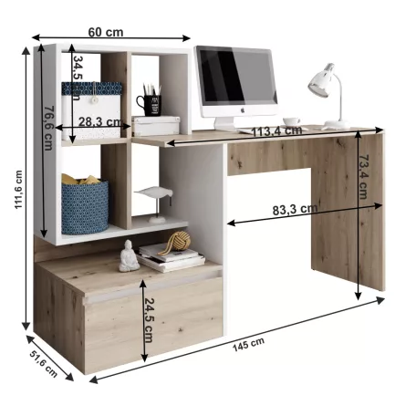 Számítógépasztal, artisan tölgy/fehér, NEREO NEW