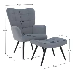 Fotel lábtartóval, szürke Velvet szövet/fekete, HABEN