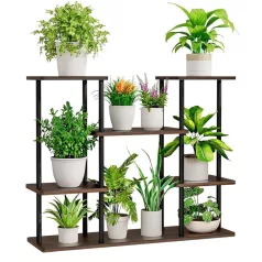 Fém virágtartó állvány, fekete/rusztikus fa, LEDER