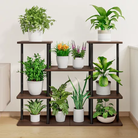 Fém virágtartó állvány, fekete/rusztikus fa, LEDER